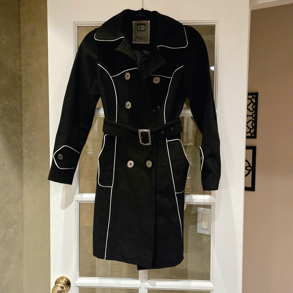 Black and White Double-Breasted Trench Coat with Belt
